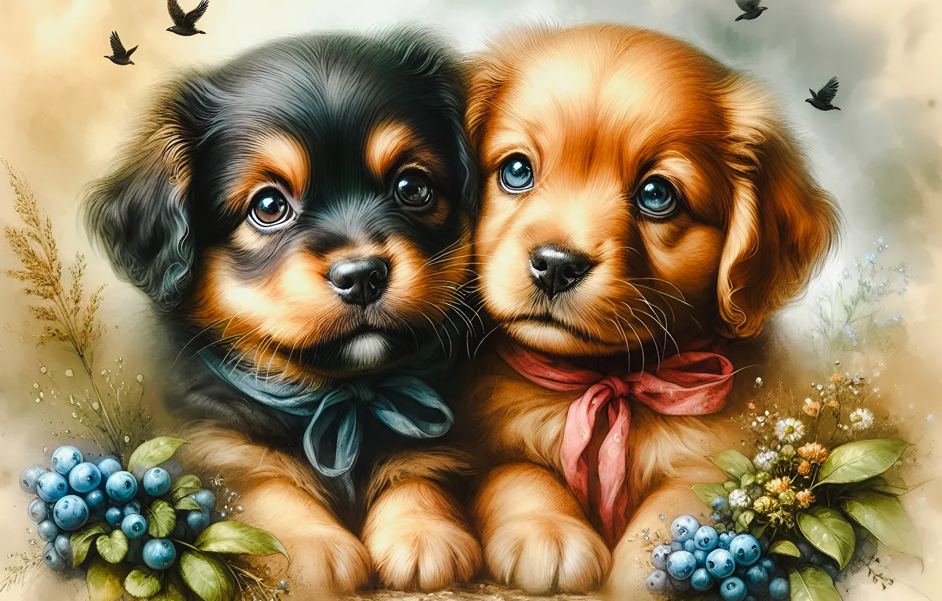 Photo wallpaper look, flowers, berries, bird, black, portrait, dog, puppy