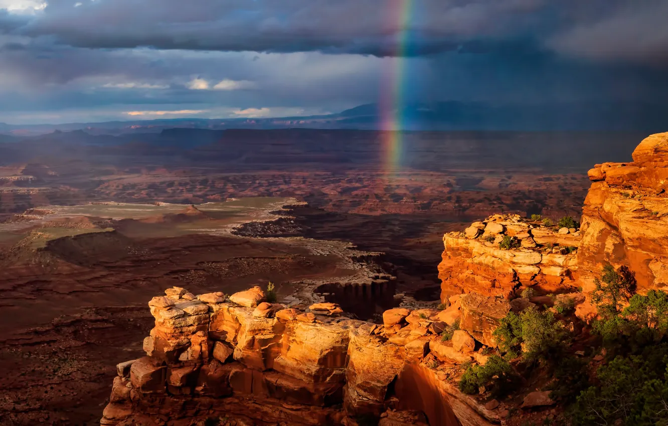 Photo wallpaper the sky, clouds, stones, open, rocks, height, rainbow, canyon