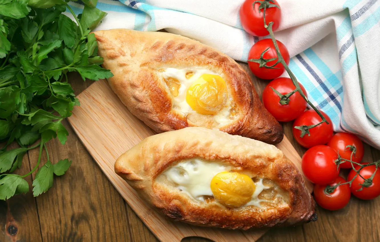 Photo wallpaper greens, eggs, tomatoes, khachapuri