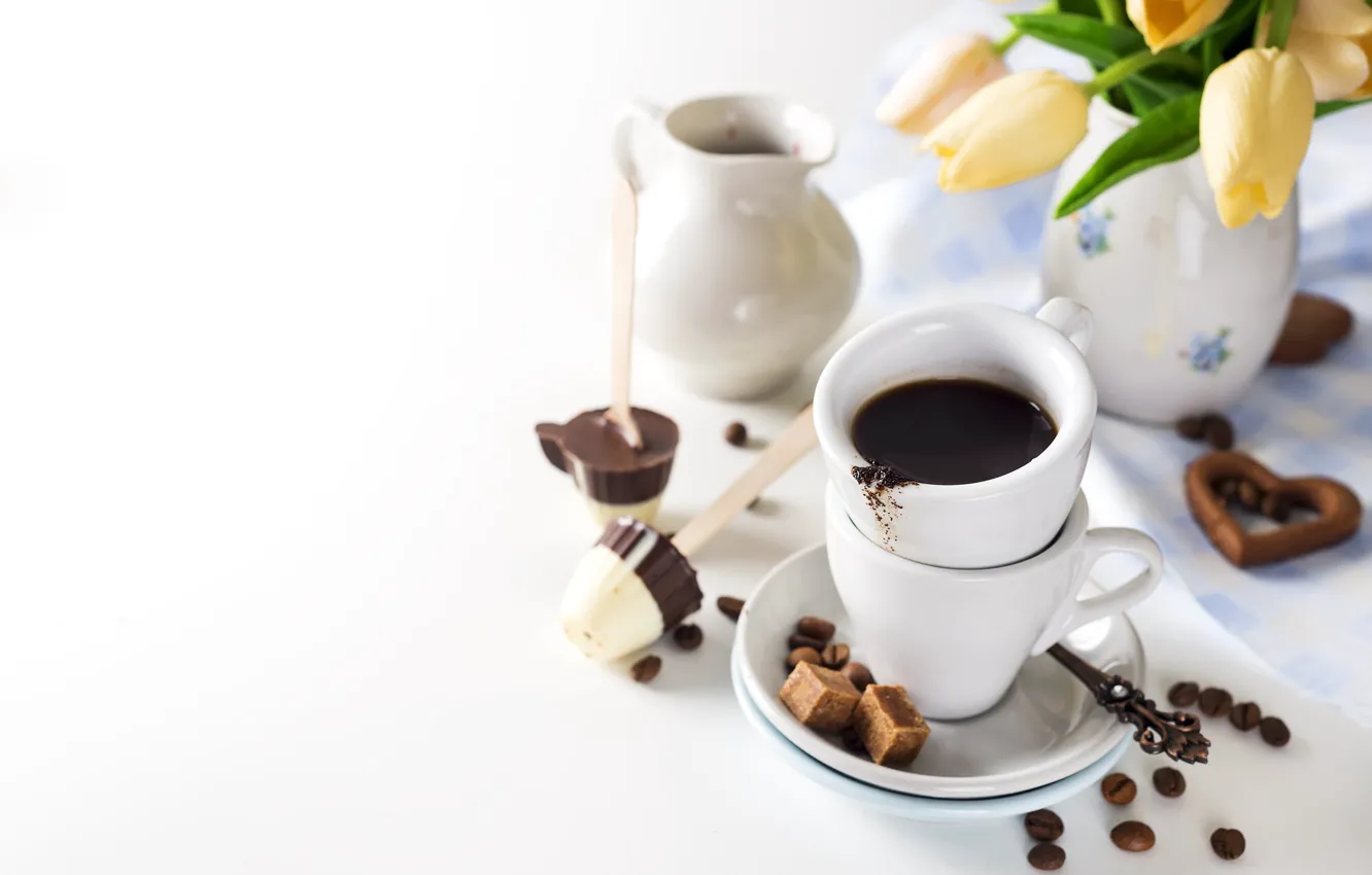 Photo wallpaper coffee, candy, tulips, sugar