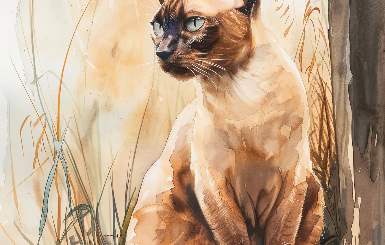 Photo wallpaper Look, Cat, Cat, Art, Digital art, Siamese, AI art, The Art of Artificial Intelligence