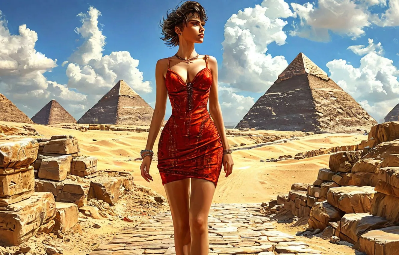 Photo wallpaper pyramid, beautiful girl, digital art, short hair, digital art, mini dress, artificial intelligence, tight dress