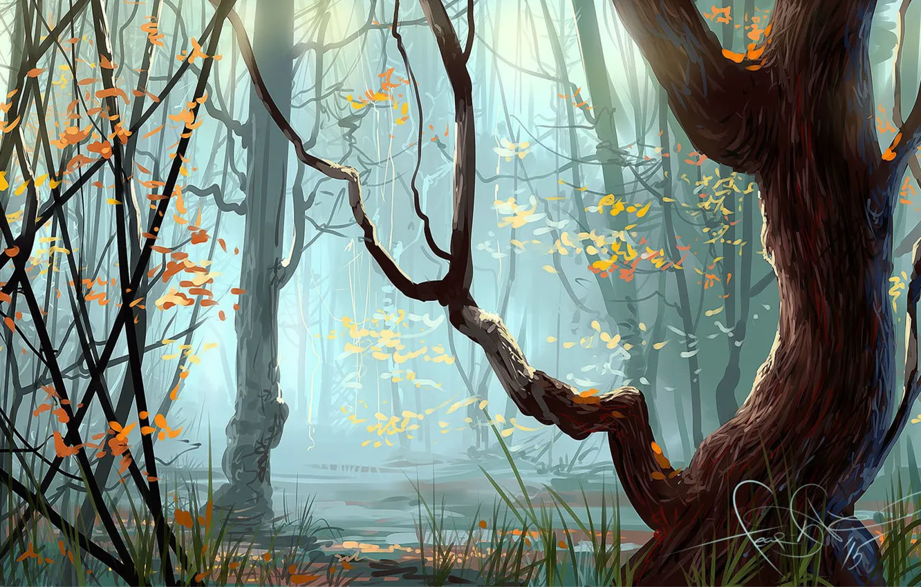 Photo wallpaper autumn, forest, grass, trees, art