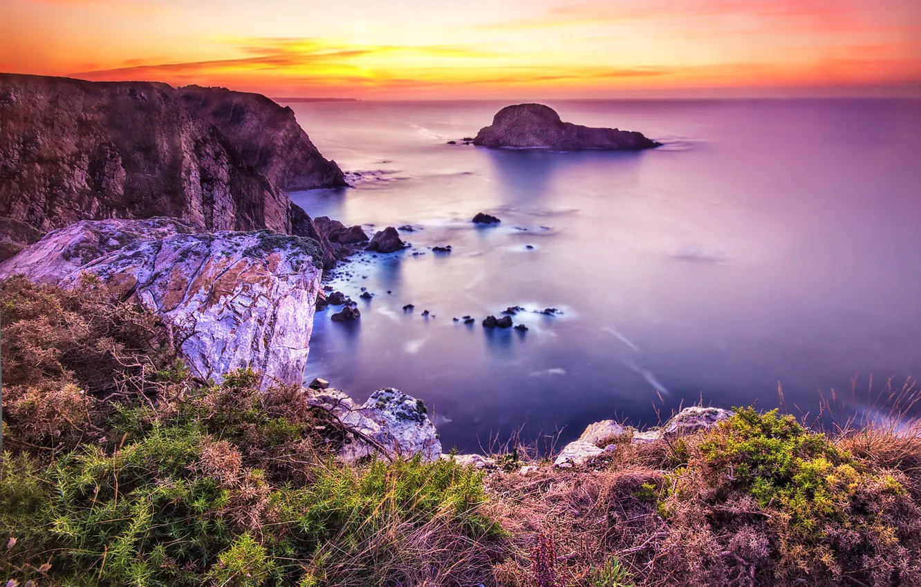 Photo wallpaper sea, sunset, stones, shore