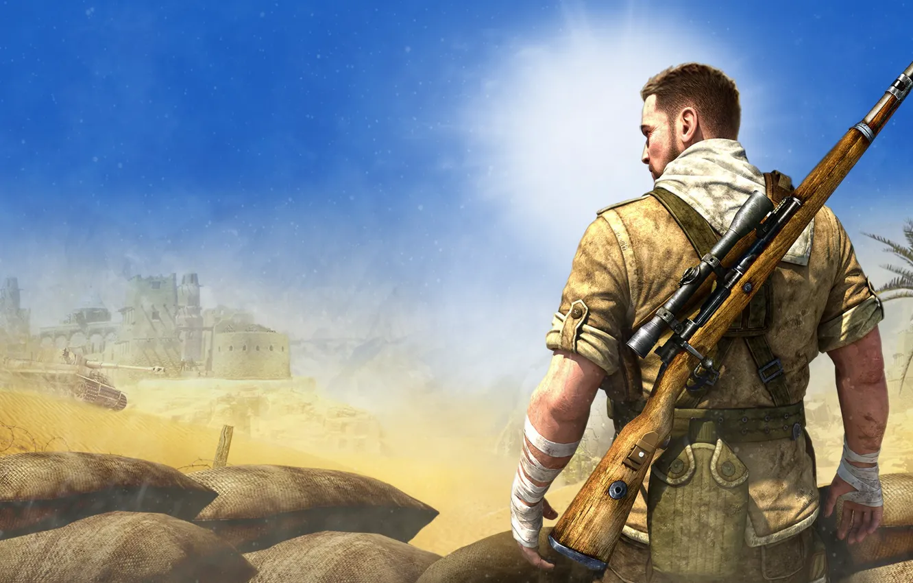 Photo wallpaper palm trees, desert, soldiers, tank, bag, rifle, Sniper Elite 3