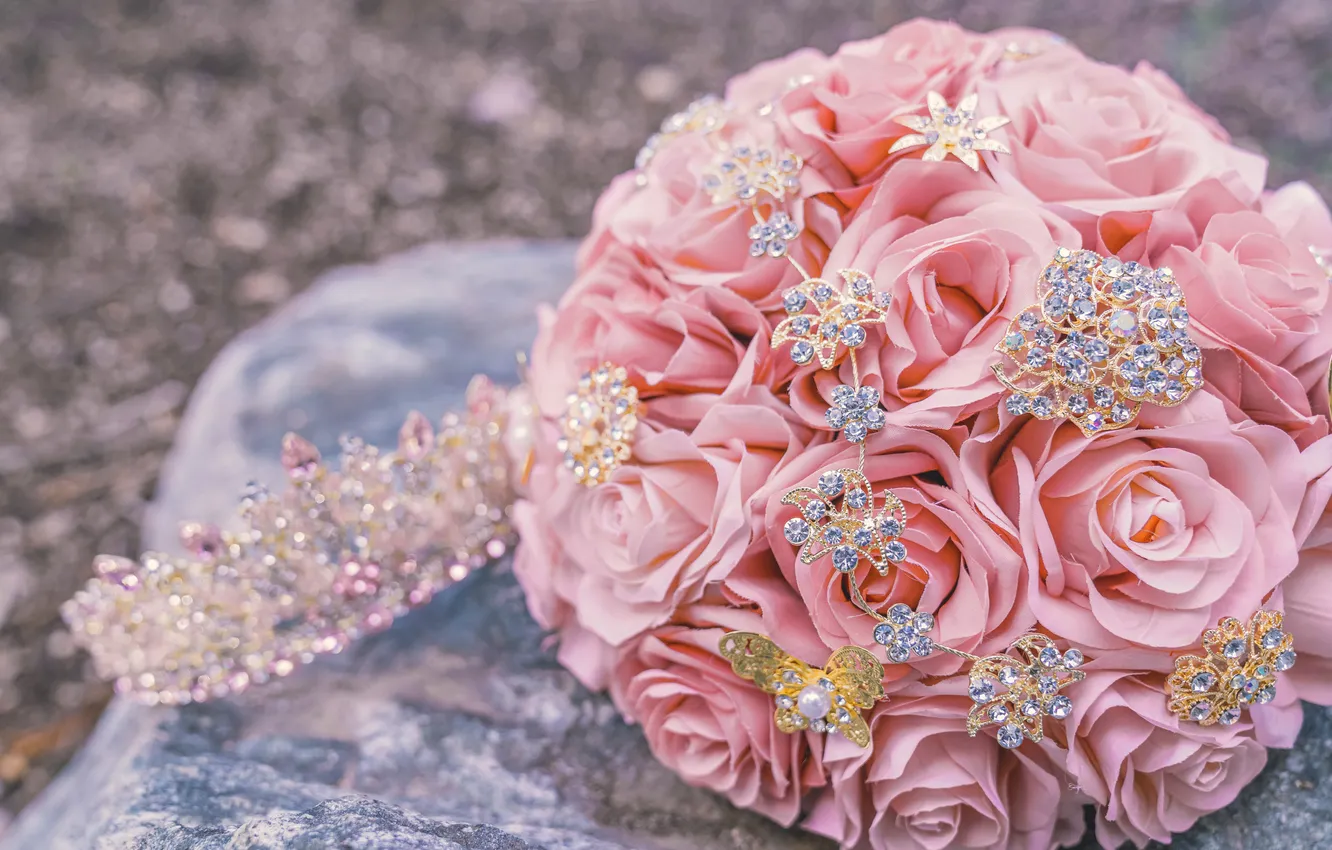 Photo wallpaper decoration, flowers, roses, bouquet, crown, rhinestones, pink, wedding bouquet