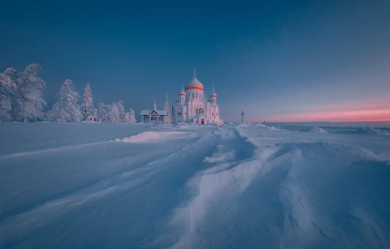 Photo wallpaper winter, snow, landscape, nature, dawn, morning, temple, the monastery