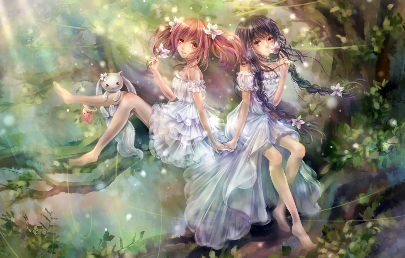 Photo wallpaper forest, flowers, girls, art, animal, mahou shoujo madoka magica, homura akemi, madoka kaname