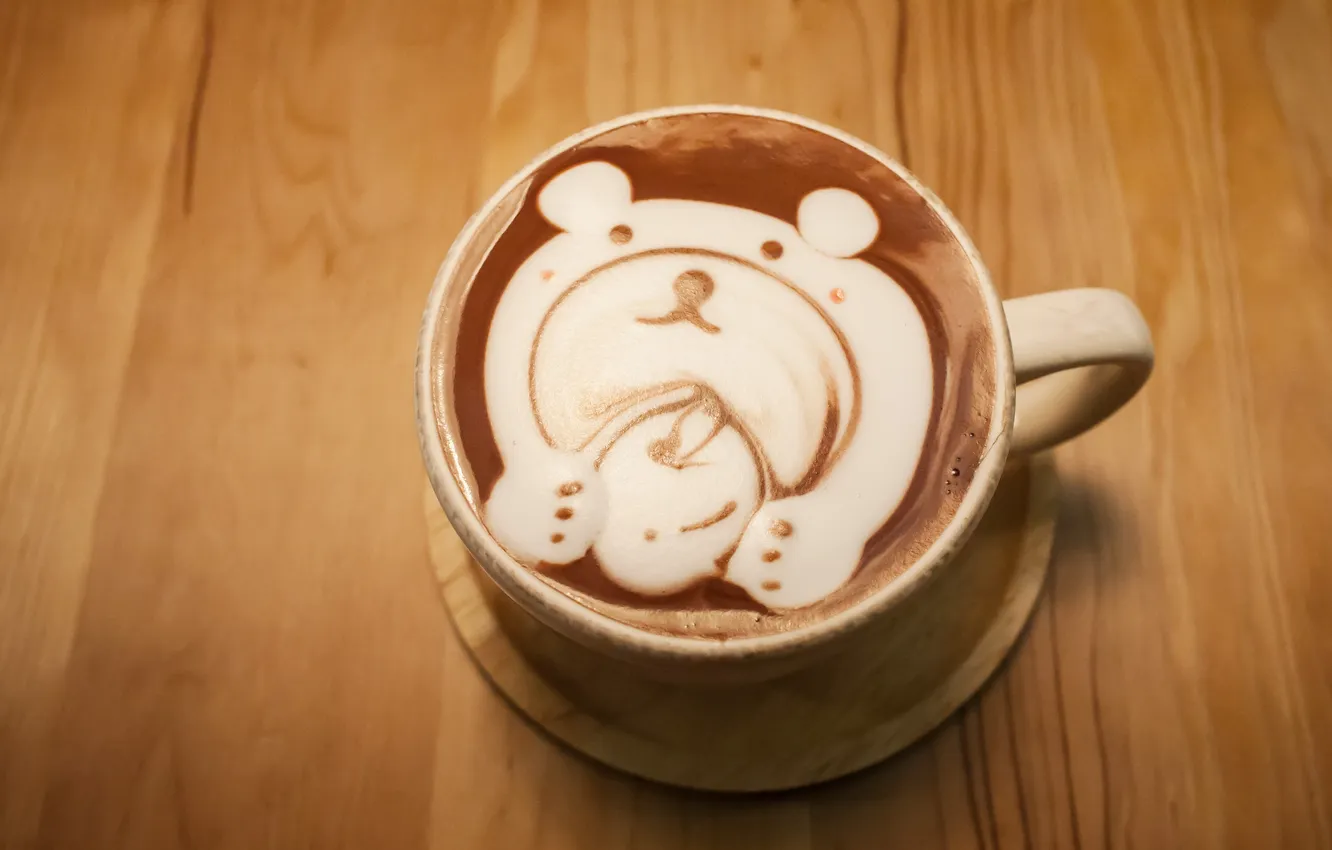 Photo wallpaper figure, bear, mug, cappuccino, saucer, foam