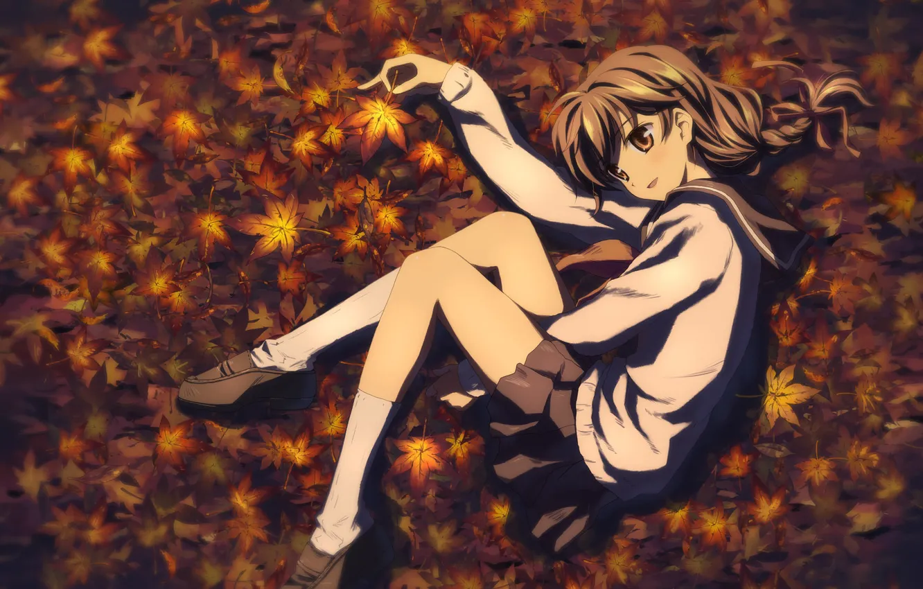 Photo wallpaper autumn, leaves, smile, Girl, school uniform