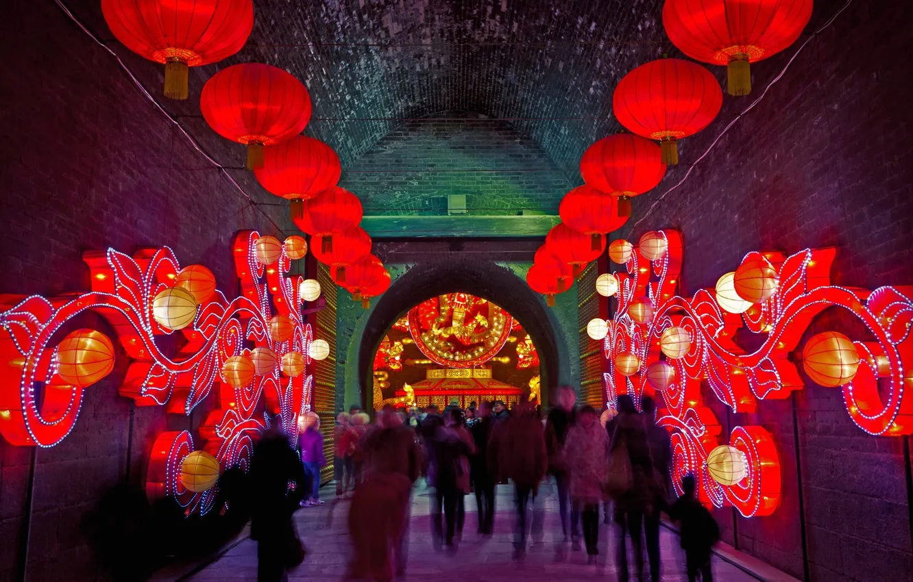 Photo wallpaper lights, people, China, Shaanxi, South gate, XI'an