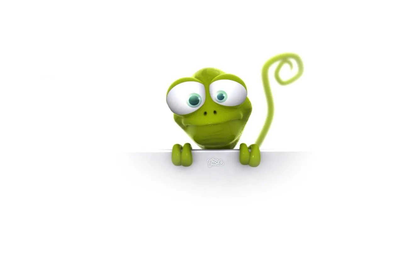 Photo wallpaper look, green, mood, cartoon, lizard, tail, white background, big eyes
