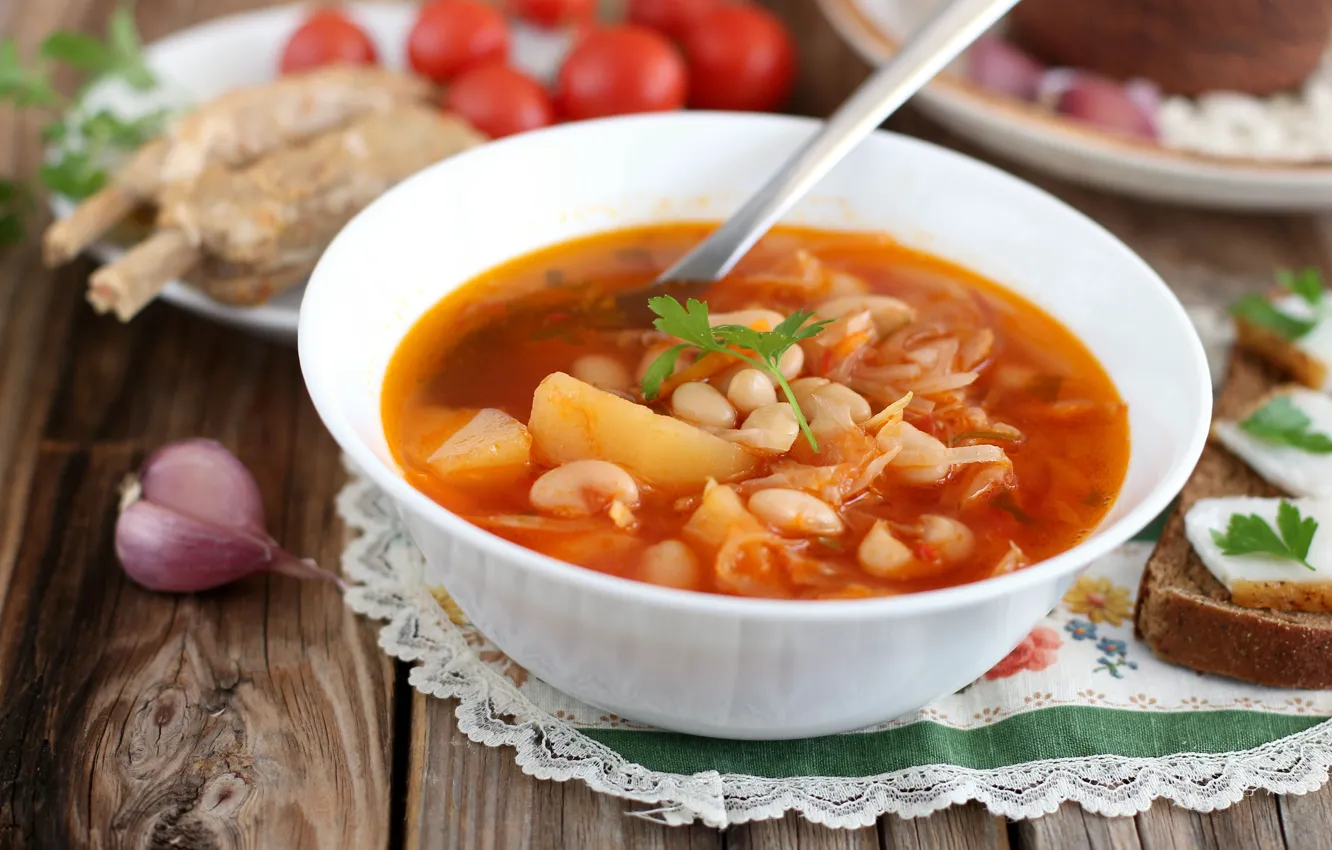 Photo wallpaper bread, bowl, soup, garlic, fat