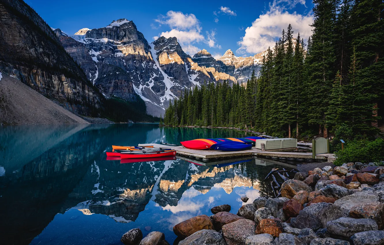 Photo wallpaper forest, trees, mountains, lake, reflection, boat, view, Canada