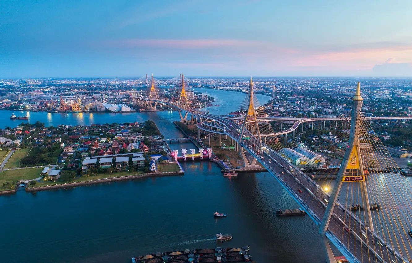 Photo wallpaper bridge, the city, lights, river, building, Thailand, Bangkok
