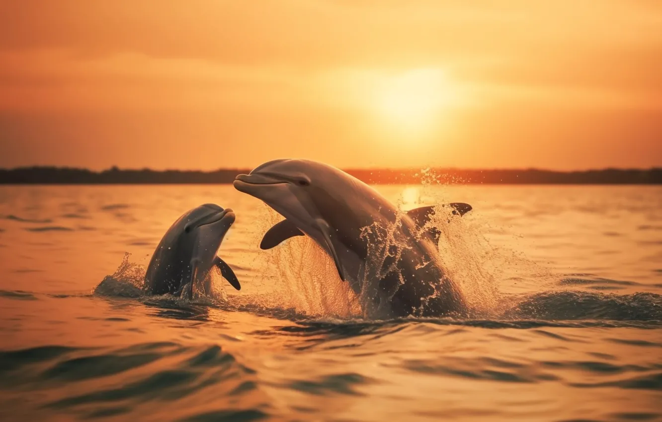 Photo wallpaper sea, wave, water, the ocean, jump, dolphins, swimming, sports