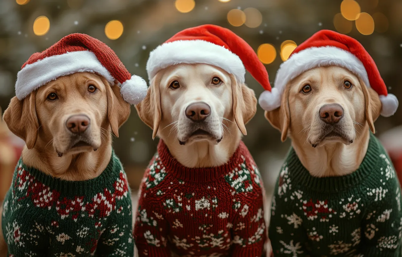 Photo wallpaper look, lights, pattern, new year, Christmas, trio, sweater, bokeh