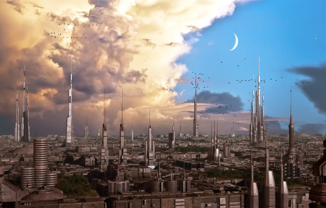 Photo wallpaper sky, clouds, birds, planet, towers, iron city