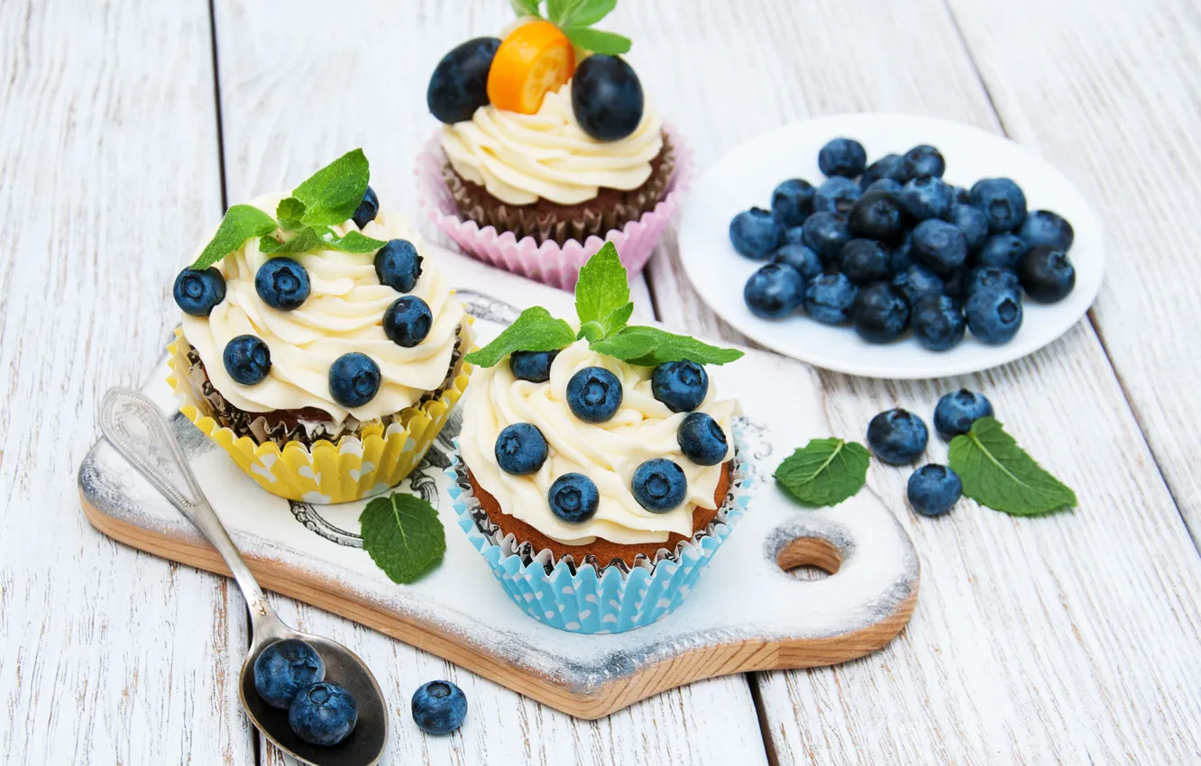 Photo wallpaper berries, blueberries, cream, dessert, cupcakes, Olena Rudo