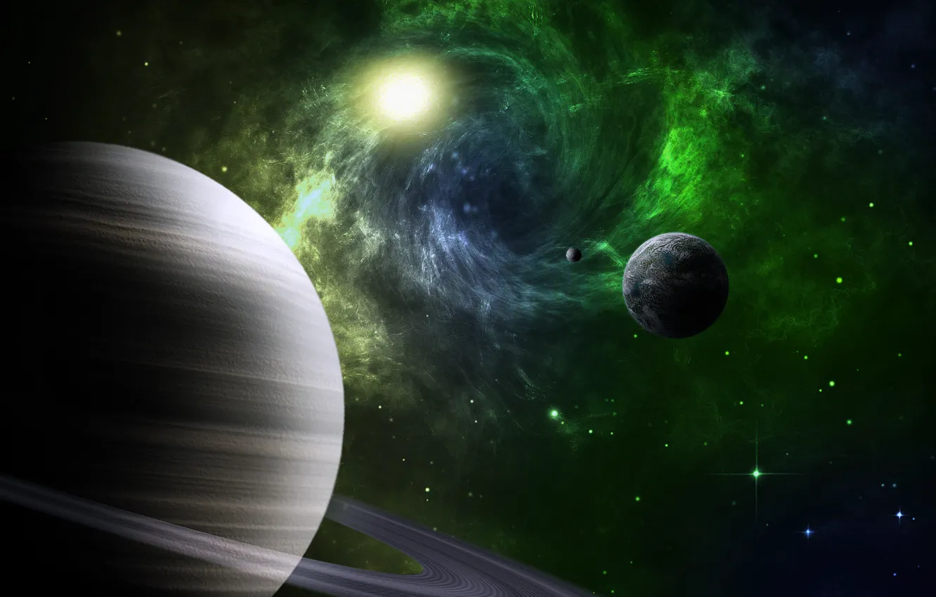 Photo wallpaper space, stars, earth, the moon, planet, ring, satellites, Saturn