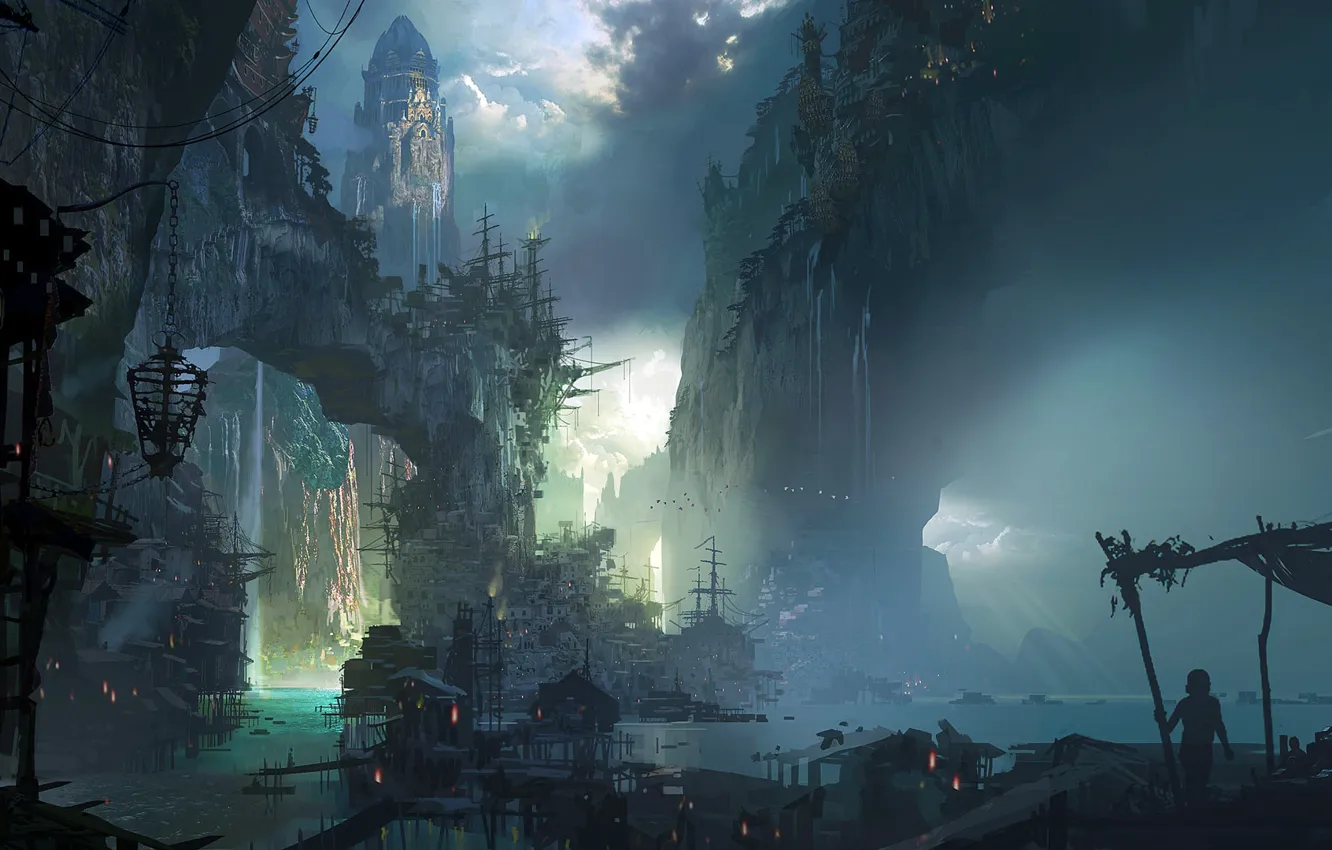 Photo wallpaper city, fantasy, game, rocks, houses, waterfall, League of Legends, castle