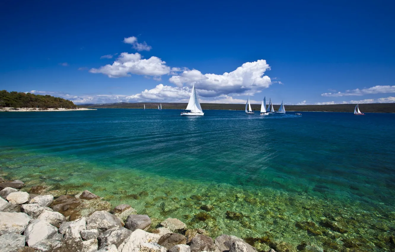 Photo wallpaper sea, beach, stones, shore, island, yacht, Croatia, Mali Lošinj