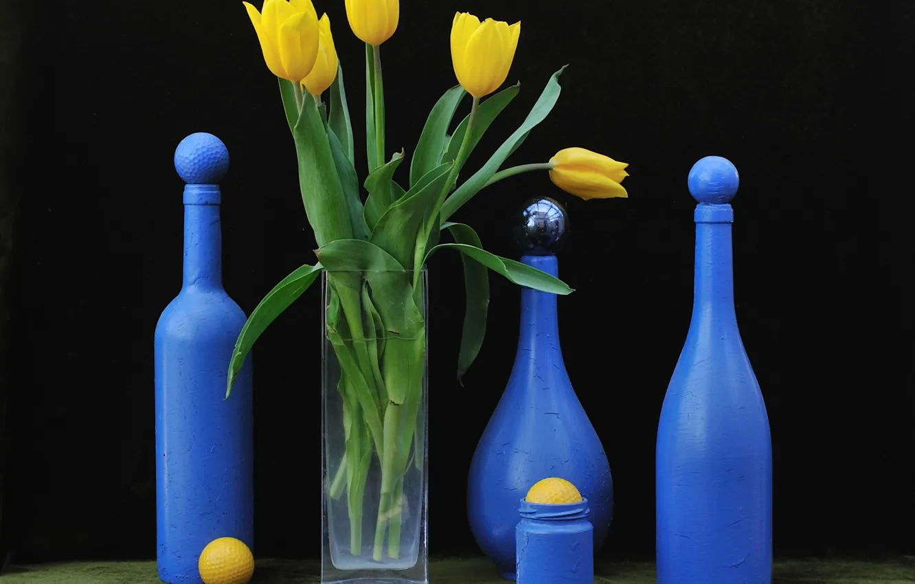Photo wallpaper flowers, bottle, art, tulips, still life
