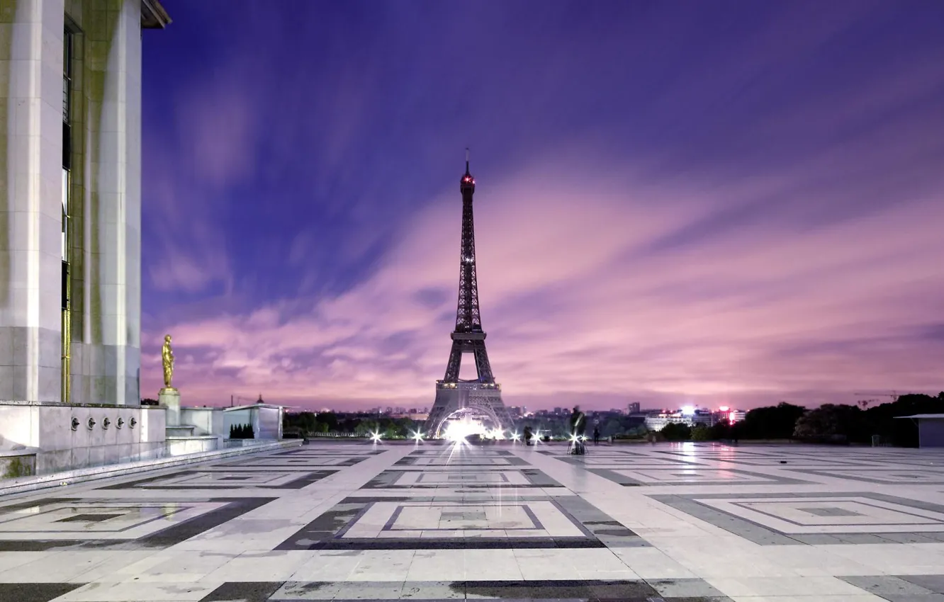 Photo wallpaper lights, Paris, area, twilight, Eiffel tower