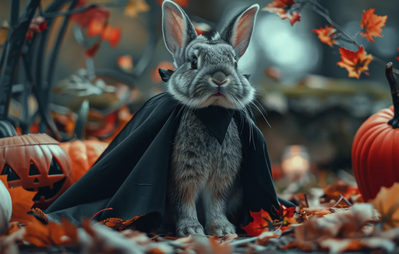 Photo wallpaper Halloween, neural network, look, holiday, AI art, rabbit, autumn, the scenery