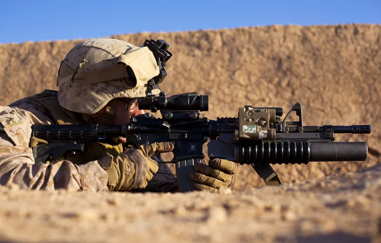 Photo wallpaper sand, weapons, desert, soldiers, equipment, position