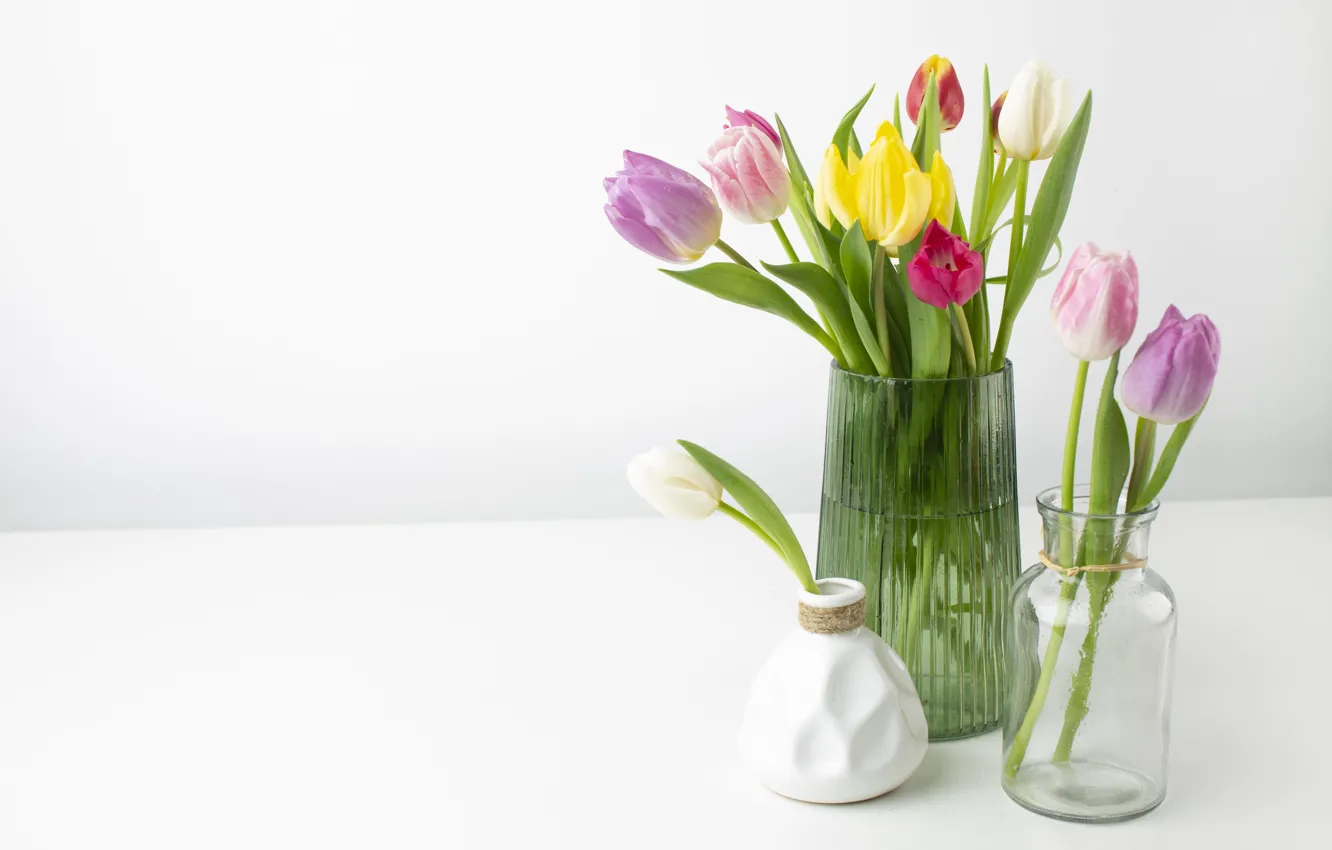 Photo wallpaper flowers, bouquet, spring, Bank, tulips, white background, vase, colorful