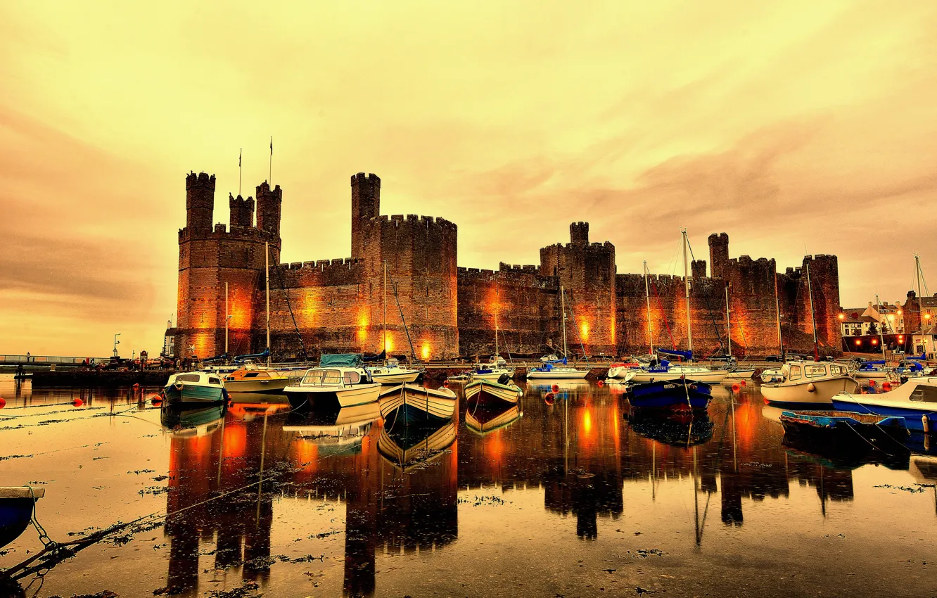 Photo wallpaper sunset, river, castle, wall, boat, tower, the evening, UK