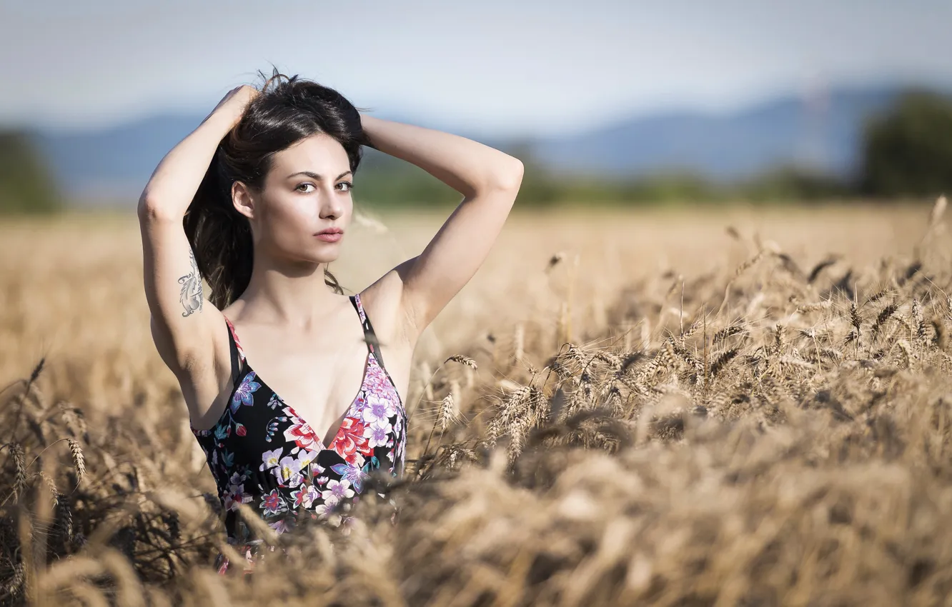 Photo wallpaper field, the sky, face, hair, ears, cutie, Erika