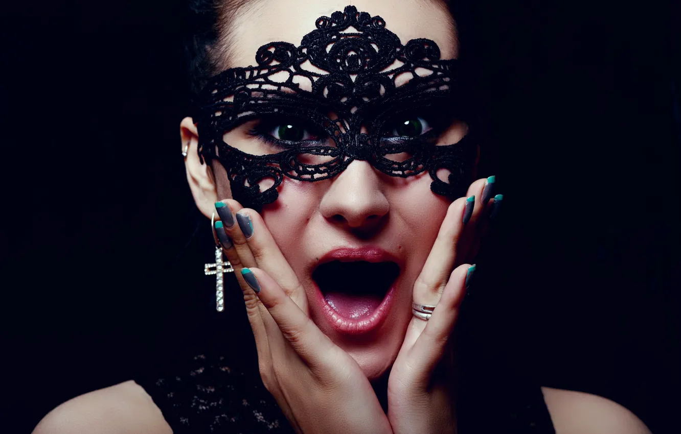 Photo wallpaper look, girl, face, surprise, hands, mask, black background, Alex Kologriff
