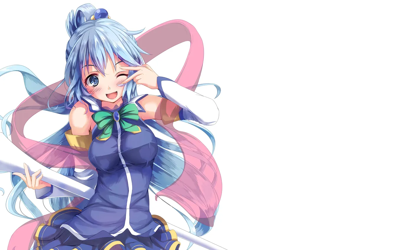 Photo wallpaper white, girl, smile, background, staff, gesture, anime, Aqua