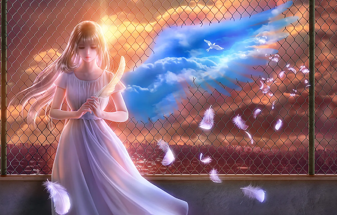 Photo wallpaper water, girl, the city, bird, the fence, wings, angel, feathers