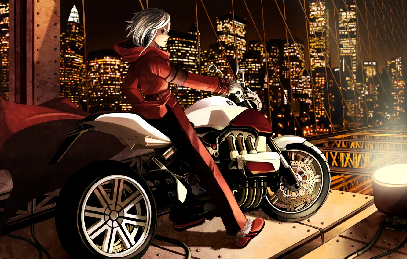 Photo wallpaper look, girl, smile, motorcycle, spotlight, art, night city lights, JIRAKUN
