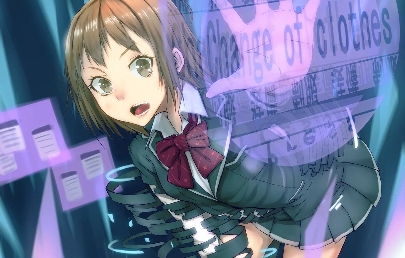 Photo wallpaper girl, anime, hands, art, bow, school uniform, shiro shougun