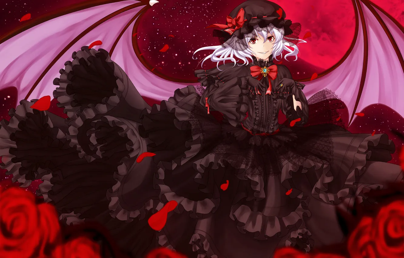 Photo wallpaper girl, the moon, roses, wings, dress, art, red, touhou