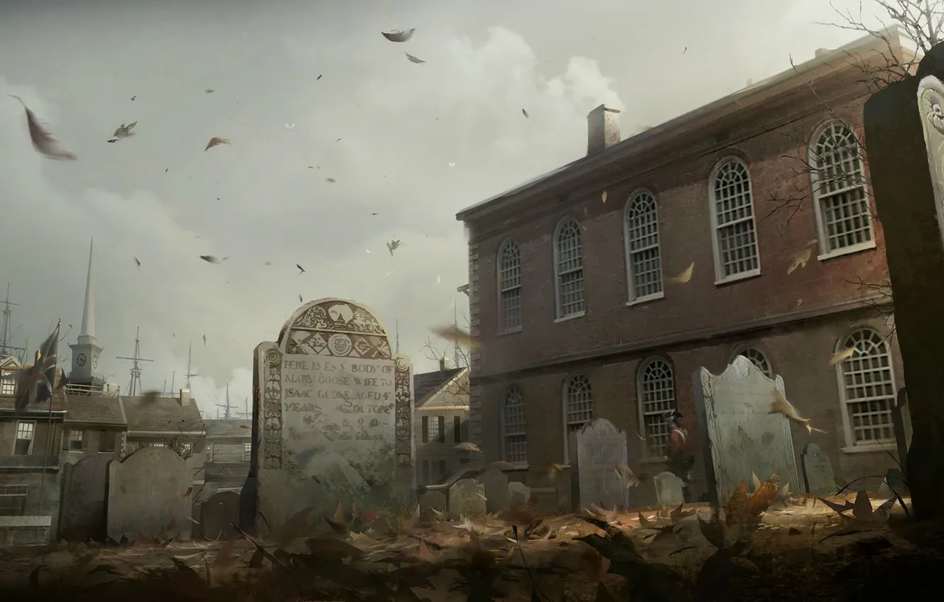 Photo wallpaper autumn, the city, building, flag, cemetery, America, Boston, Assasins Creed III