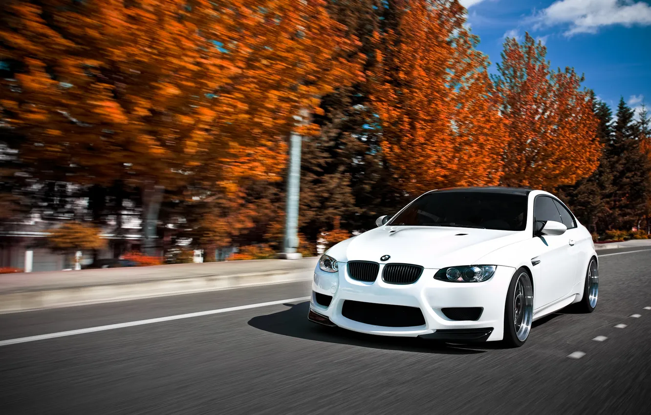Photo wallpaper road, autumn, white, speed, BMW, Ericsson