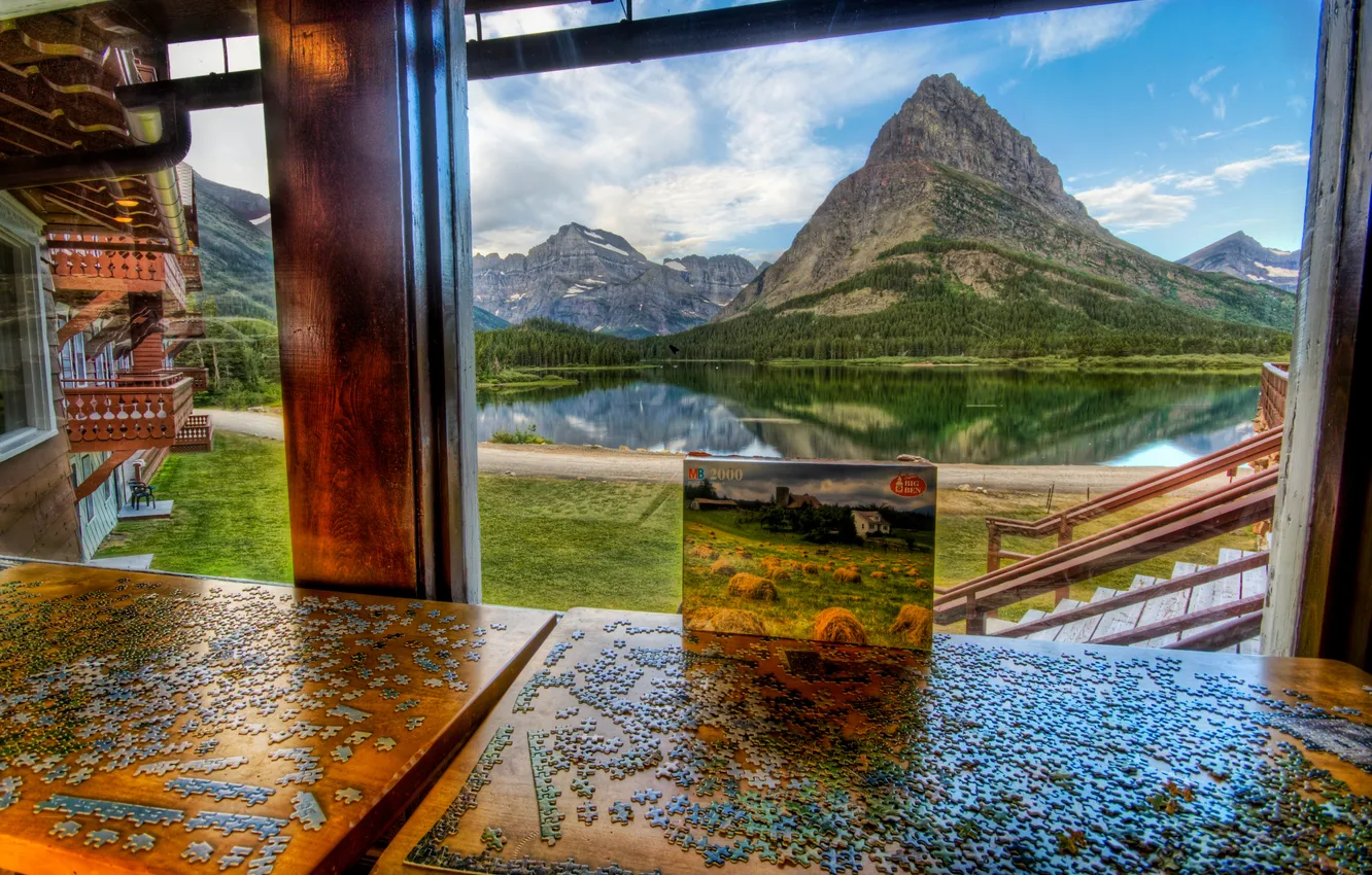 Photo wallpaper water, mountains, pond, river, the view from the window, puzzle