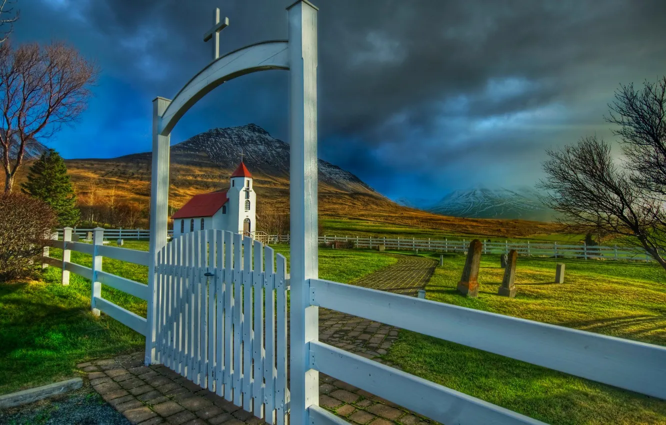 Photo wallpaper the sky, clouds, mountains, gate, Church