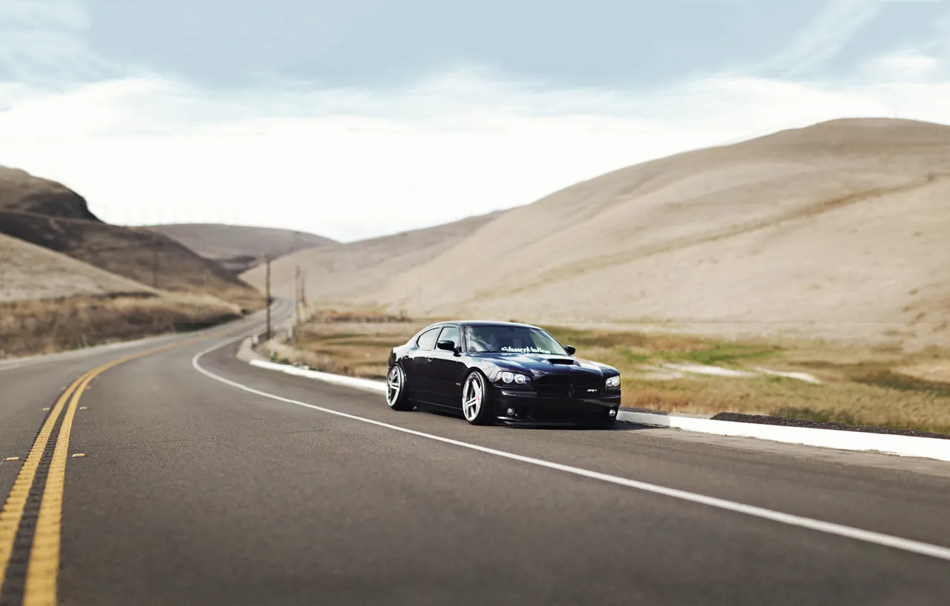 Photo wallpaper Road, Mountains, Grass, Dodge, Black, Charger