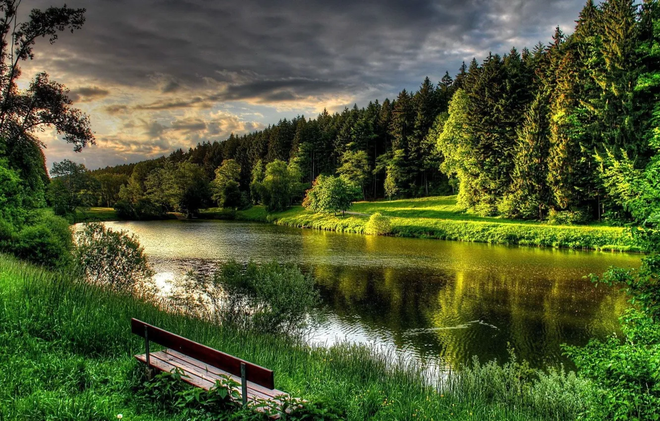 Photo wallpaper river, landscape, clouds, bench, Forest