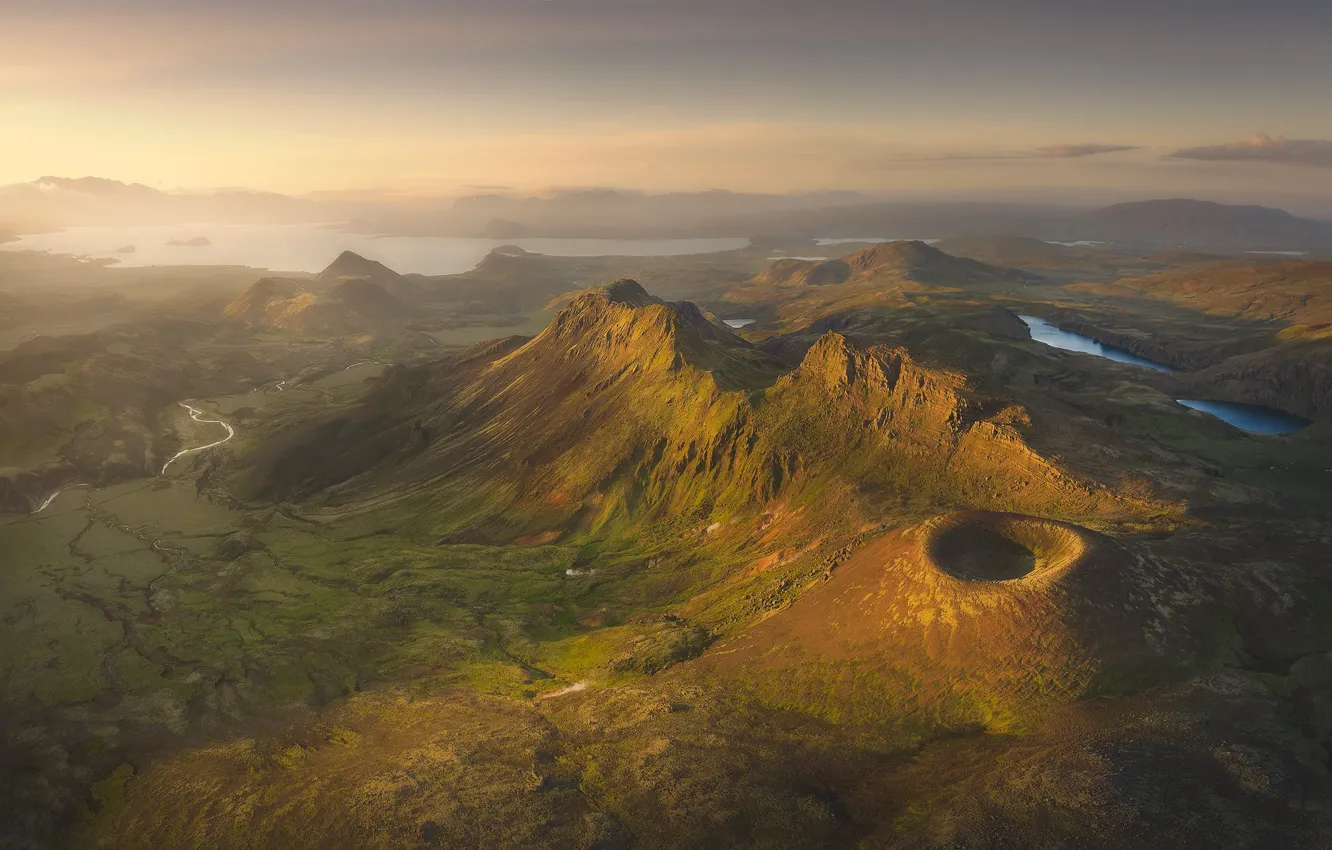 Photo wallpaper light, mountains, fog, dawn, hills, shore, view, height