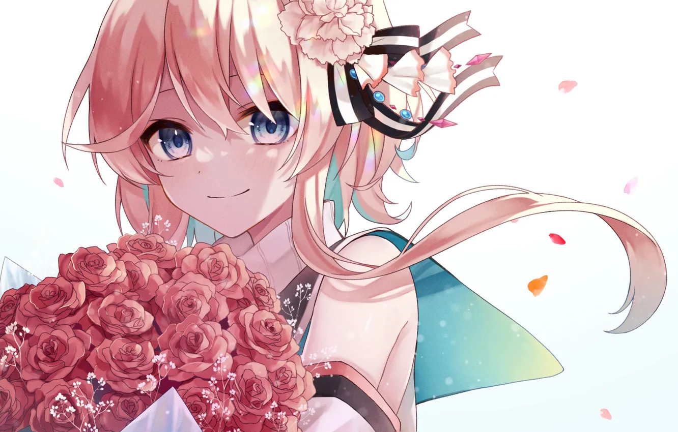 Photo wallpaper girl, roses, bouquet, Virtual youtuber, Hanagumo Kuyuri, Hitotose Tanteidan