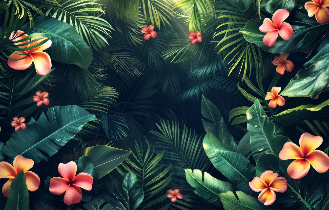 Photo wallpaper leaves, flowers, tropics, texture, frame, Exotic, Tropical Plants, AI art