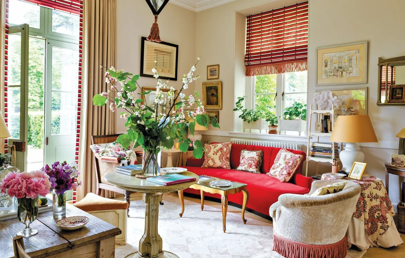 Photo wallpaper flowers, design, style, room, interior, living room