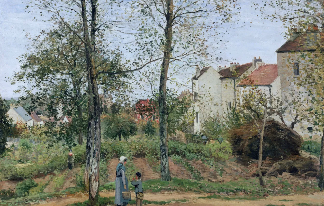 Photo wallpaper trees, people, home, picture, Camille Pissarro, Landscape near Louisiana